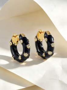 Charm-In 18K Gold Plated Copper Huggie Hoop Earrings For Women, Black Enamel Inlaid Crystal Chunky Earrings, Versatile For Daily Office Party Jewelry - Gold - View 6