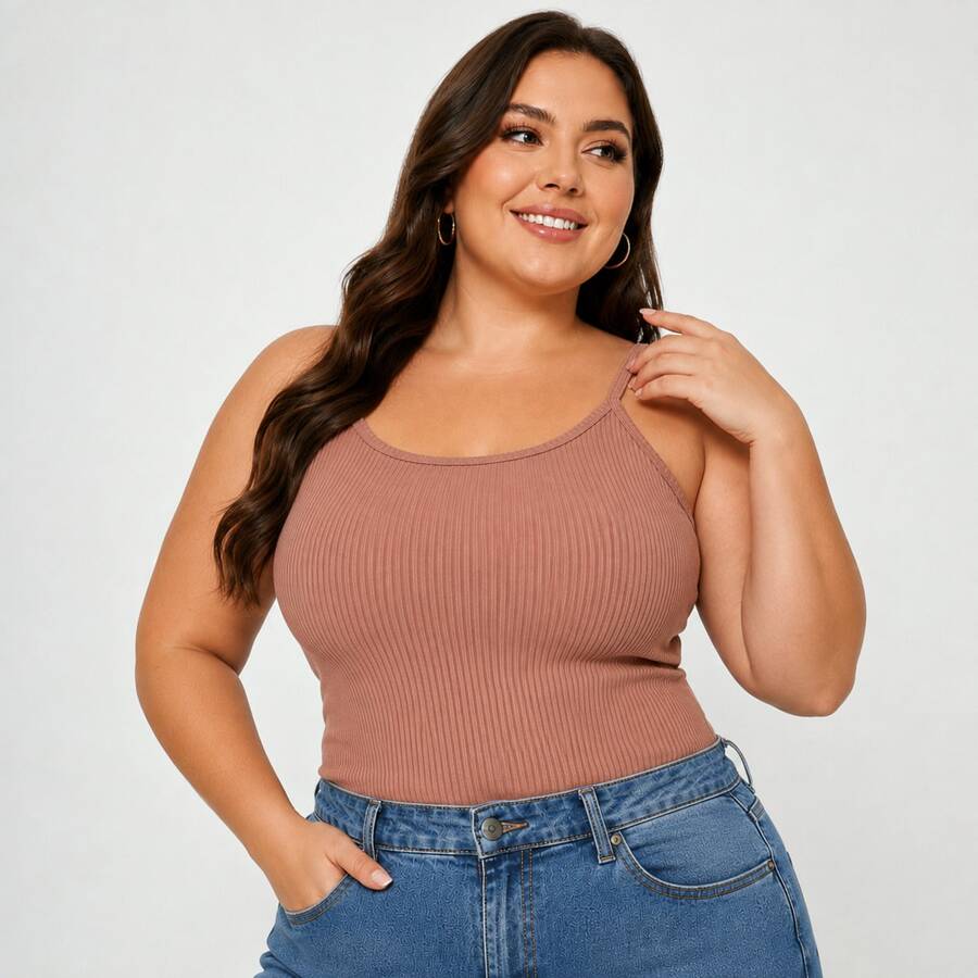 Basic Ribbed Spaghetti Strap Tank Top Plus Size - Brown - View 1