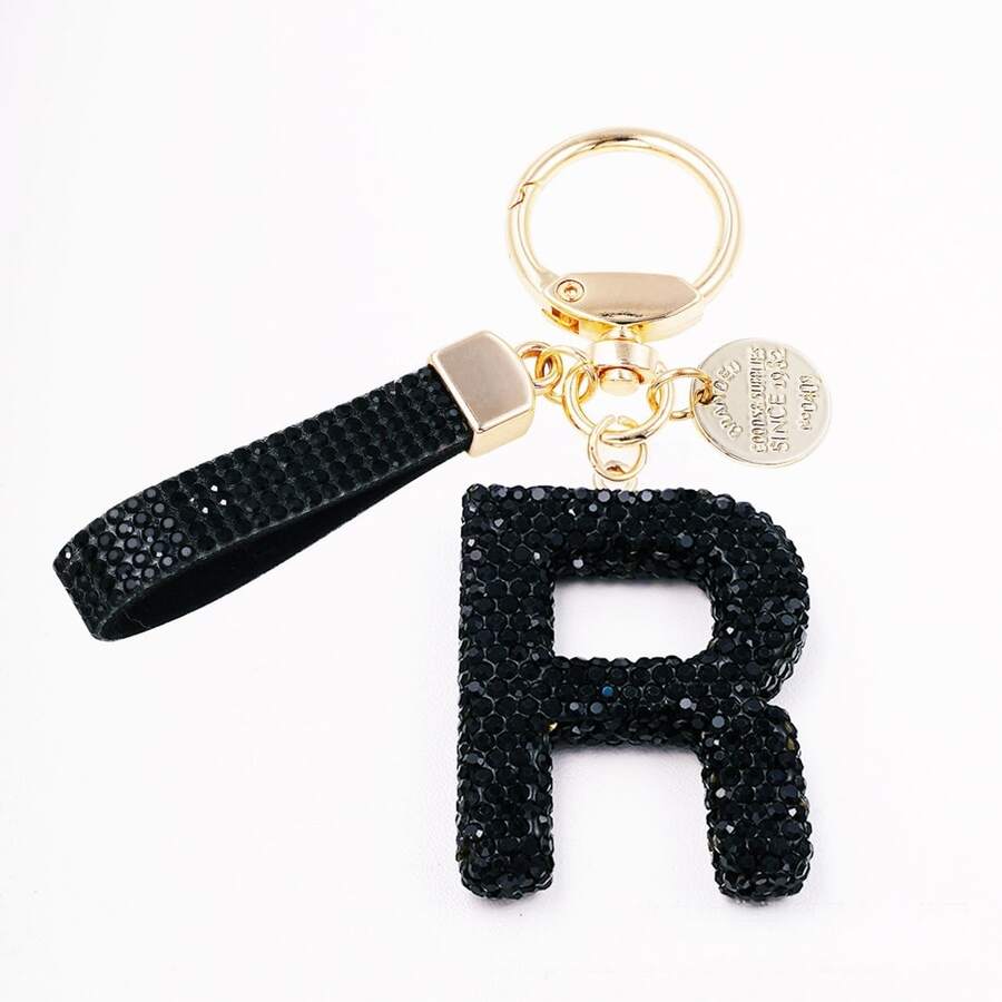 1pc Shiny Black Crystal Letter Bag Charm/Llavero, Glitter Alphabet Keychain For Handbag Daily Use, Gift Labor Day Halloween Thanksgiving Christmas - Black - View 1