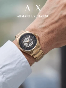 Armani Exchange Men Quartz Chronograph Watch Gold‑Tone Stainless Steel Bracelet Black Skeleton Grid Dial 5ATM Water Resistant Wrist Watch AX2461 - Gold - View 6