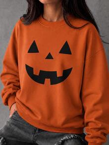 Women's Halloween Autumn/Winter New Loose Round Neck Sweatshirt, Minimalist Letter Print, Orange, Casual Fashion Versatile Long Sleeve Top - Orange - View 2