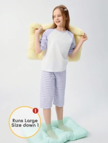 Balabala Pyjamasset med raglanärm och slogan – kontrasterande, topp och byxor för tweenflickor - Lila ton - Visa 2