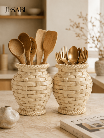1 buah Tempat Penyimpanan Peralatan Makan Anyaman Rotan Resin, Tempat Penyimpanan Peralatan Makan Gaya Anyaman Vintage untuk Meja Dapur, Organizer Meja Gaya Rumah Pertanian untuk Sendok Garpu Sumpit, Vas Penyimpanan Serbaguna untuk Dekorasi Rumah Dapur