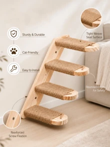 1pc Multi-Layer Solid Wood Wall-Mounted Cat Climbing Ladder Jumping Platform, Multi-Functional Climbing Structure With Comfortable Platform And Sturdy Guardrail, Space-Saving Detachable Design, Easy Assembly, Indoor Cat Tower - Apricot - View 5