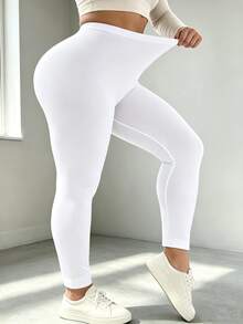 3pcs/Set Plus Size White Long Leggings, High Elastic Soft Fabric, 9/10 Length, Slimming Fit, Non-Tight, Fitness Yoga Pants Fall - White - View 5