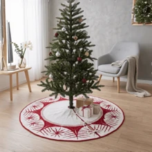 1pc 36in/48 In Knitted Christmas Tree Skirt, Red & White Snowflake Pattern Holiday Tree Mat With Tie Closure, Christmas Tree Base Cover, Reusable Christmas Home Decor For Living Room, Holiday Party Decoration - Multicolor - View 2
