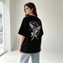 Y2K Retro Hip-Hop Street Style T Shirt - The Back Is Printed With Angels And"STRIKE"Pattern,White Background With Purple/Black,Round Neck,Short Sleeve - 黑色 - 查看 1