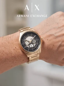 Armani Exchange Men Quartz Chronograph Watch Gold‑Tone Stainless Steel Bracelet Black Skeleton Grid Dial 5ATM Water Resistant Wrist Watch AX2461 - Gold - View 5