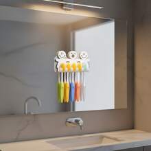 1pc Cartoon Toothbrush Holder Set, Self‑Adhesive Wall Mount Organizer With Suction Cups, Multi‑Hook Family Bathroom Storage Rack, Multi‑Purpose Wall Hook For Toothbrush Key Small Gadget, Home Bathroom Decor Accessory - Multicolor - View 3
