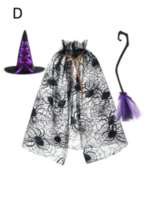 2 Sets Halloween Cape Set Spider Web Mesh Cape Set Witch Hat Witch Broom Set - Multicolor - View 6