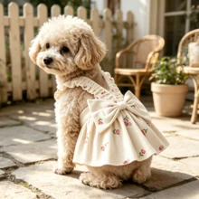Atasan Corduroy Motif Anjing Vintage, Camisole Bergaris Vertikal Corduroy Motif Kartun Bunga di Seluruh Permukaan dengan Hiasan Ruffle - Aprikot - View 11