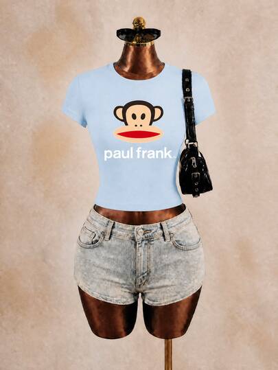 SHEIN X  PAUL FRANK Women's Short Sleeve T-Shirt, Printed With IP Pattern, Versatile Style, Y2K & Vintage, Suitable For Campus, Street, Date, Summer Outing & Vacation Party