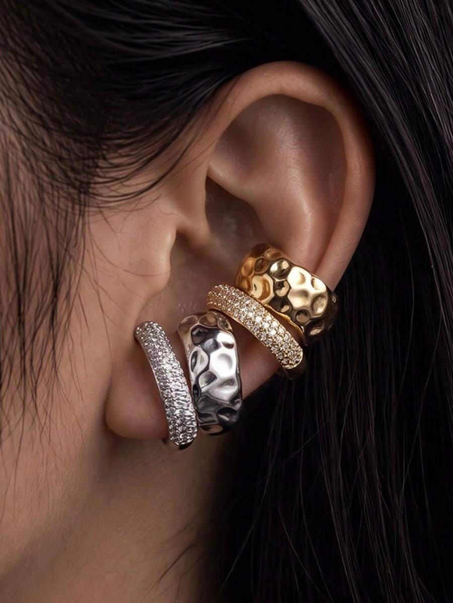 Punk Style Rhinestone Thick Round Clip-On Earrings, Gold Round Wire Texture Ear Clips, Chunky Ear Clips, Jewelry Gift - Diamond Earrings - View 1