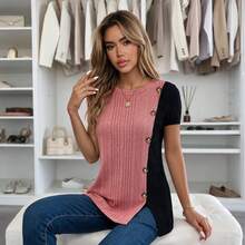 Women Fashion Patchwork Button Ribbed Short Sleeve T-Shirt, Summer Casual Vacation Red - Red - View 1