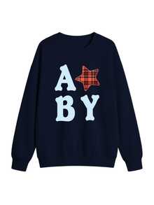 Women's Letter & Plaid Star Pattern Sweatshirt, Navy Blue, Loose Fit Drop Shoulder Crew Neck Long Sleeve Casual Pullover, Suitable For Autumn/Winter - Navy - View 4