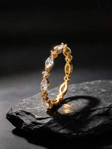 18K Gold Plated Women's Stackable Ring, Marquise And Round White Cubic Zirconia Intertwined Adjustable Finger Ring, Light Luxury Minimalist Full Rhinestone Jewelry, Suitable For Daily Commute And Party, Exquisite Decorative Ring For Women's Self-Use And Gift - Gold - View 1