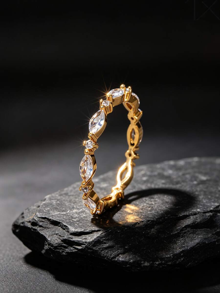 18K Gold Plated Women's Stackable Ring, Marquise And Round White Cubic Zirconia Intertwined Adjustable Finger Ring, Light Luxury Minimalist Full Rhinestone Jewelry, Suitable For Daily Commute And Party, Exquisite Decorative Ring For Women's Self-Use And Gift - Gold - View 1
