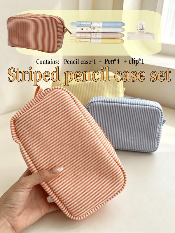6pcs Macaron‑Colored Thin‑Stripe Fabric Pencil Case Set