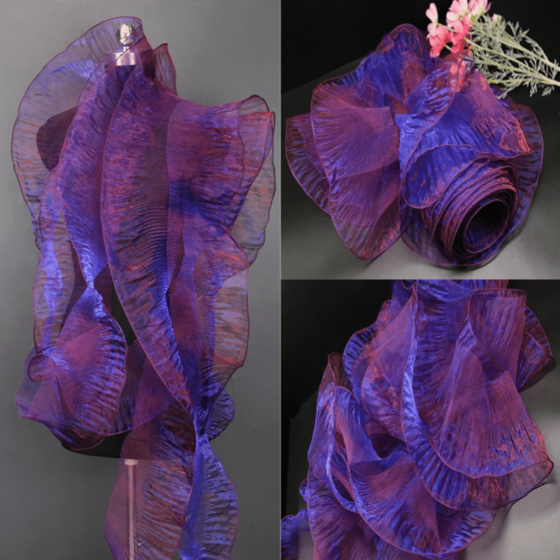 2 Yards Mermaid Iridescent Yarn Gradient Ruffle Three-Dimensional Pleated Large Lace Organza Fabric Decorative Accessories Fabric - Purple - View 1