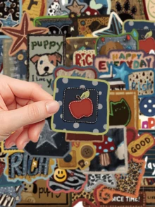 50pcs Vintage American Style Faux Embroidery Graffiti Stickers, Including Leopard Print, Stars, Cats, Dogs And Animal Elements, Suitable For Desktop, Water Bottle, Pen Holder, Scrapbook, Storage Box, Skateboard, Helmet And More, Personalized Decorative Stickers For Birthday Party Gifts - Multicolor - View 7