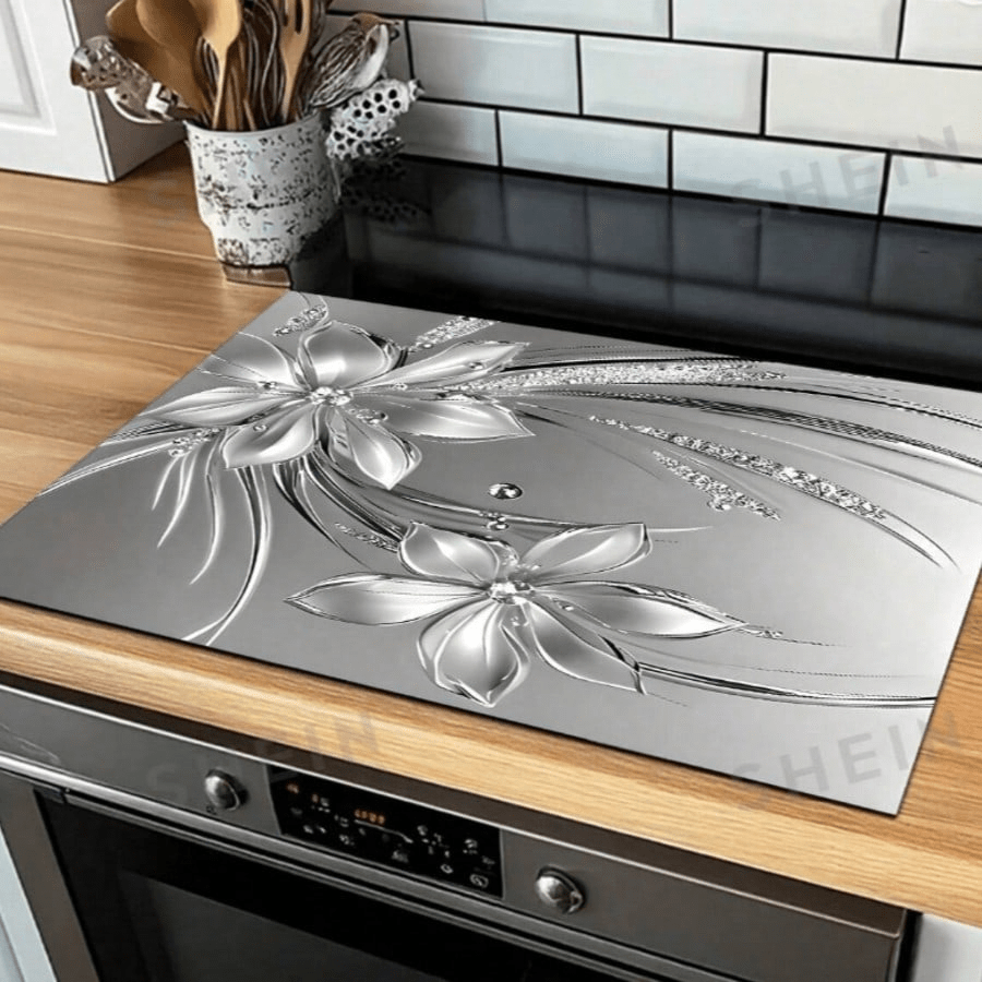 1pc/2pcs Diatomaceous Earth Silver Metallic Floral Rhinestone Stove Top Cover Mat, Non-Slip Heat-Resistant Waterproof Pad, Suitable For Kitchen Countertop And Washing Machine Surface