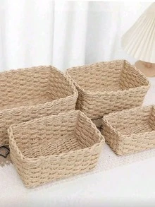Handwoven Storage Basket Set, 1pc/2pcs/3pcs/4pcs, Paper Rope Material, Suitable For Living Room, Bedroom, Cabinet And Office, Home Decor, Shelf Storage Basket, Halloween Gift, Christmas Decoration Storage Basket - Khaki - View 4