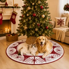 1pc 36in/48 In Knitted Christmas Tree Skirt, Red & White Snowflake Pattern Holiday Tree Mat With Tie Closure, Christmas Tree Base Cover, Reusable Christmas Home Decor For Living Room, Holiday Party Decoration - Multicolor - View 3