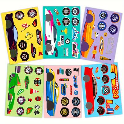 6Pcs Race Car Puzzle Kids Stickers, Cool Sports Racing Car Mix‑Match Decals, Fun DIY Stickers For Children's Party Favors, Birthday Gifts, Parent-Child Interactive Educational Handmade Project, Play‑Time DIY Decor