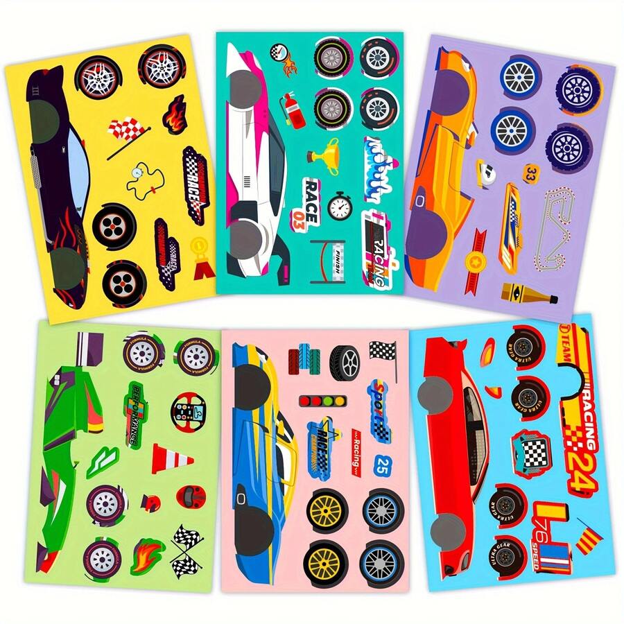 6Pcs Race Car Puzzle Kids Stickers, Cool Sports Racing Car Mix‑Match Decals, Fun DIY Stickers For Children's Party Favors, Birthday Gifts, Parent-Child Interactive Educational Handmade Project, Play‑Time DIY Decor - Multicolor - View 1