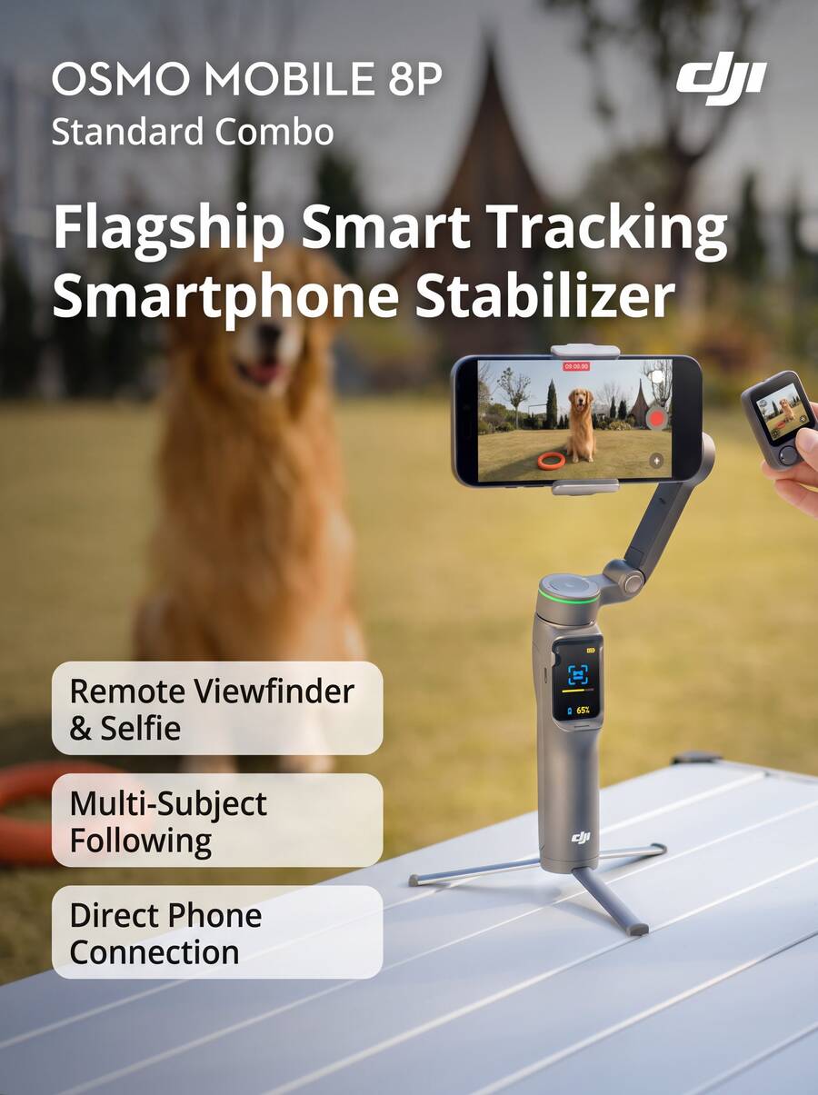 dji Osmo Mobile 8P Detachable Remote With Built-In Monitor, AI Multi-Subject Tracking + 3-Axis Stabilization, Smartphone Direct Connection Vlog Tool (10h Battery Life) (Brand New, Activated Only)