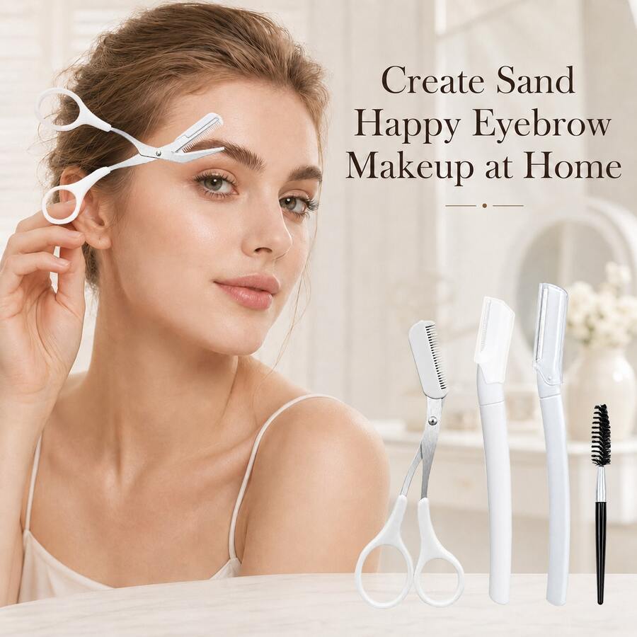 MONKIDS Professional 4-Piece Eyebrow Grooming Set, Includes Eyebrow Scissors With Comb, 2 Styles Of Eyebrow Razors And Eyebrow Brush. Design, Easy To Trim Stray Hairs And Shape Eyebrows