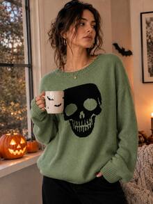 Plus Size Women's Autumn/Winter Sweater, New Fashionable Casual Y2K Skull Cute Jacquard Knit Crew Neck Long Sleeve Pullover Sweater Top, Suitable For Daily, Commute, Party, Halloween, Christmas, Thanksgiving, Street Photography - Green - View 6