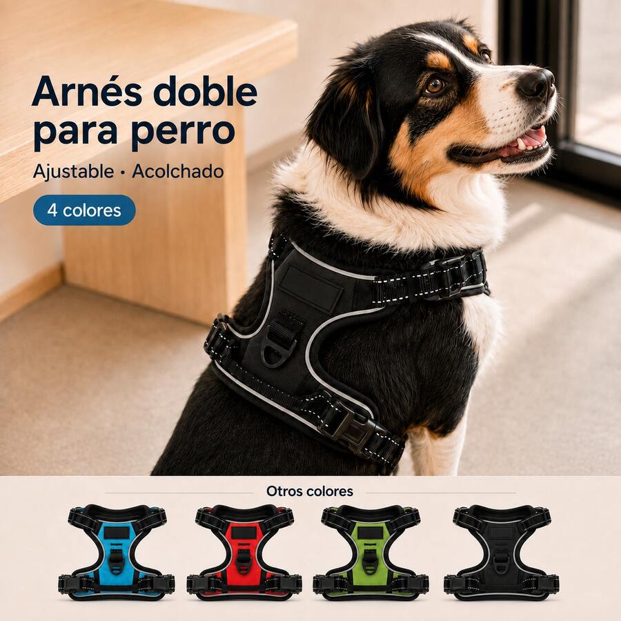 PAWDLE Adjustable Padded Double Dog Harness With Two Hooks, 1 Random Color Nylon Leash With Easy Control Handle, 4 Colors And Sizes S, M, L, XL, Anti-Pull Dog Harness With 2 Leash Clips, Adjustable Padded Pet Vest - Black - View 1