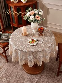 HXARTMIS 1pc Lace Embroidered Trim Round/Rectangular Tablecloth, Elegant Floral Embroidery Table Cover, Vintage Tulle Mesh With Lace Trim, Suitable For Home, Wedding, Living Room, Kitchen And Other Decor - White Powder - View 2
