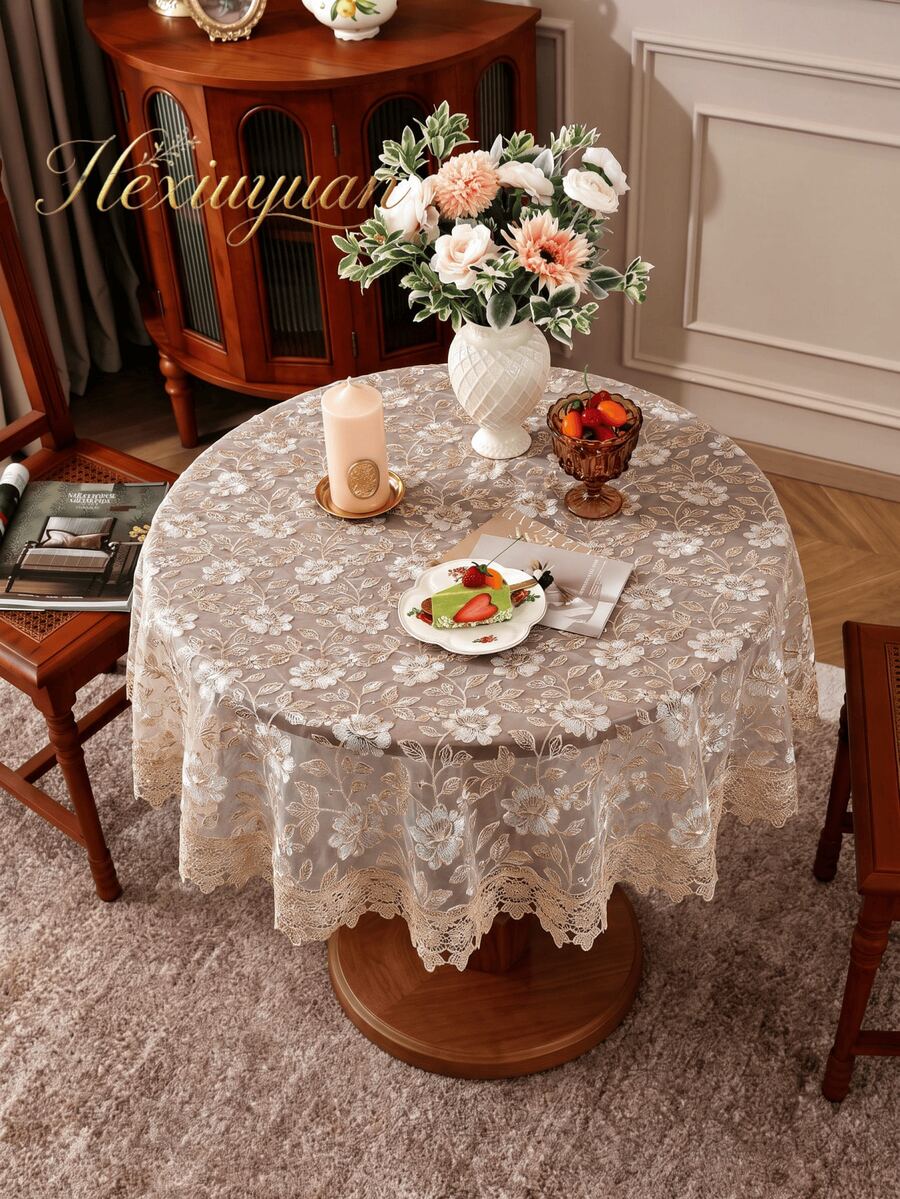 HXARTMIS 1pc Lace Embroidered Trim Round/Rectangular Tablecloth, Elegant Floral Embroidery Table Cover, Vintage Tulle Mesh With Lace Trim, Suitable For Home, Wedding, Living Room, Kitchen And Other Decor