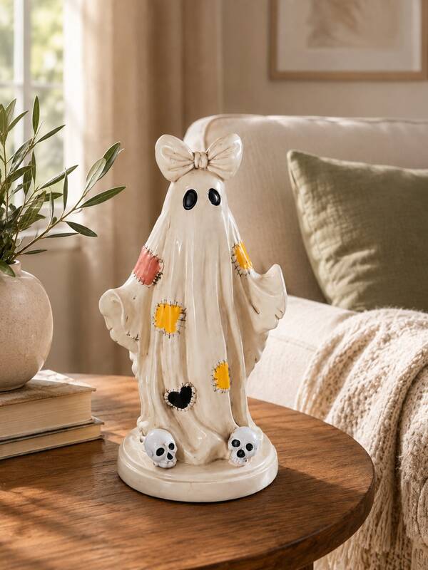 These Adorable Ghost Figurines, Adorned With Bows And Patchwork Details, And Decorated With Skulls, Have A Unique Shape And Are Suitable For Placement In Living Rooms, Bedrooms, Bookshelves, Desktops, And Other Home Decor.