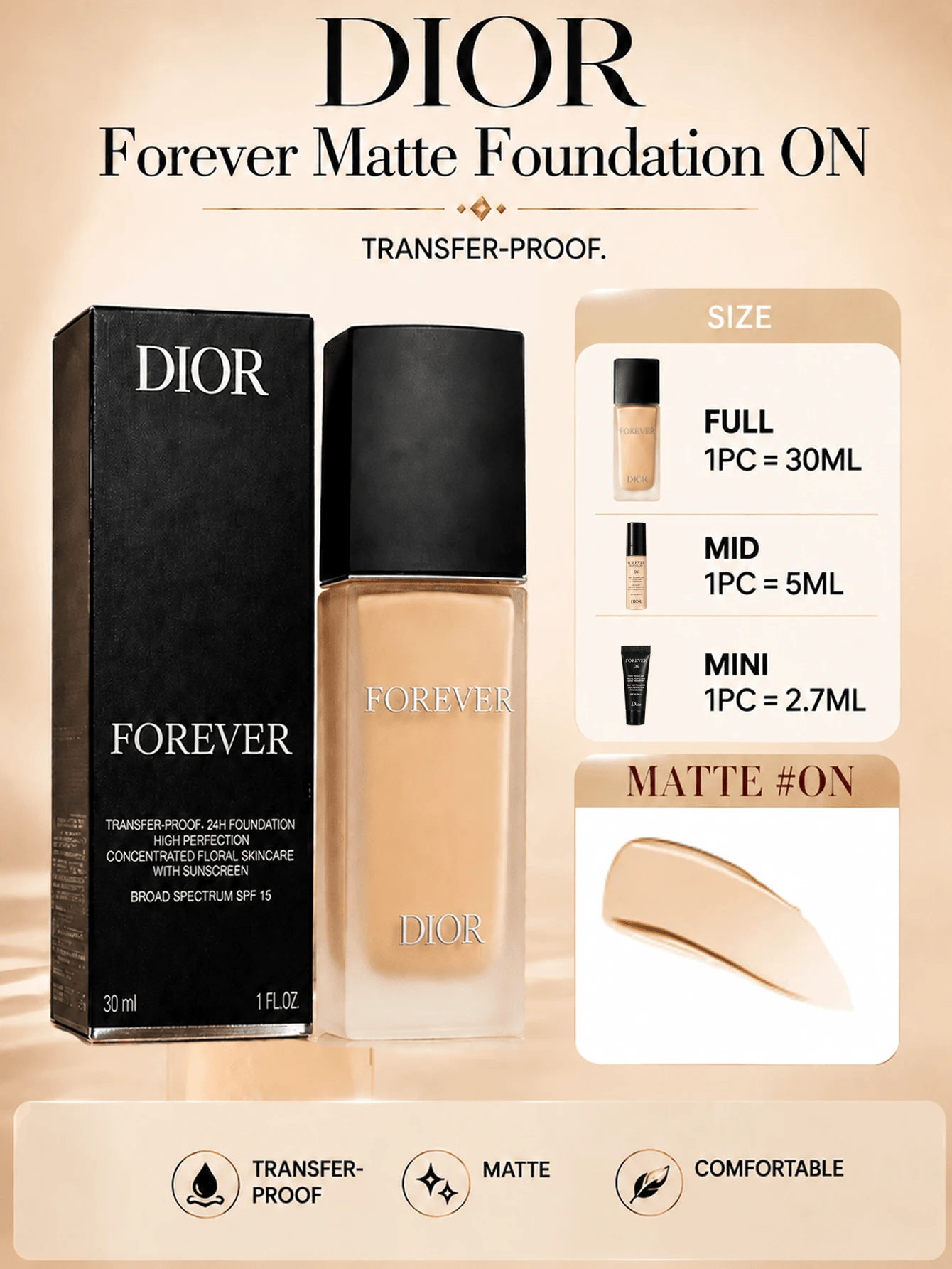 Dior Forever Foundation (Matte Finish) #0N, ukuran penuh 30ml/sampel 5ml/ukuran mini 2.7ml, foundation dengan coverage tahan lama, menyamarkan pori-pori dan mengontrol minyak, cocok untuk jenis kulit berminyak dan normal.