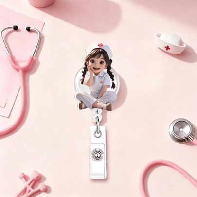 2D Flat Acrylic Nurse Girl ID Card Holder - Retractable Badge Reel, Durable Tag Suitable For Medical Students And Nursing Practitioners - Durable PMMA Material Workplace Identification Badge Holder, Nurse Accessories Back To School ,Team Gift