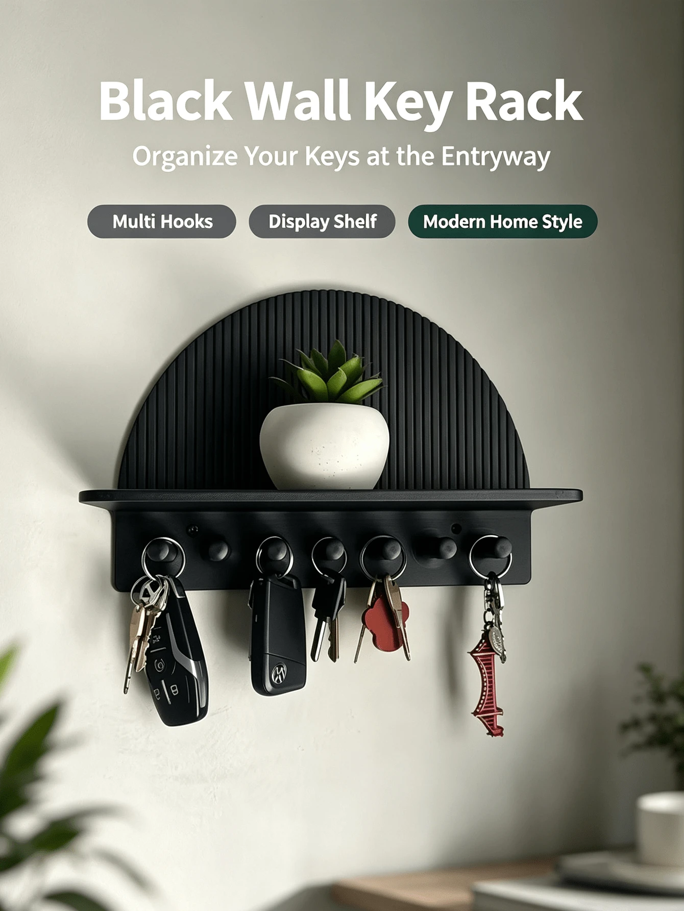 Half-Circle Wall-Mounted Key Holder With Display Shelf, Multi-Hook Key Storage Rack, Entryway Living Room Wall Organizer - Multicolor - View 1