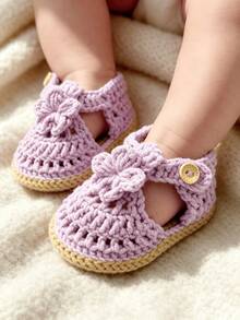 1 Pair Crochet Infant Boots, Beige Floral Pattern, Handmade Woven Straw Shoes - Mauve Purple - View 6