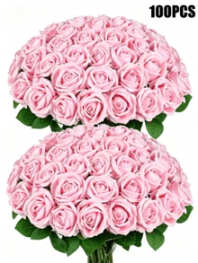 100pcs Artificial Pink Roses, Faux Flowers, Suitable For DIY Wedding Bouquets, Table Decor, Valentine's Day, Party Decoration - Pink - View 3