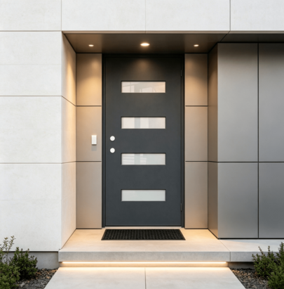 Theeshow Fiberglass Entry Door Slab Only, Frosted Glass, Black Finishe Knock-Down Fiberglass Door Slab- Contemporary Style For Home's Front Entrance, Right Hand Inswing