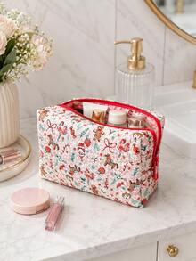 Christmas Quilted Makeup Bag, Festive X‑Mas Print Zipper Cosmetic Pouch, Portable Travel Toiletry Storage Bag For Holiday Gift - Multicolor - View 7