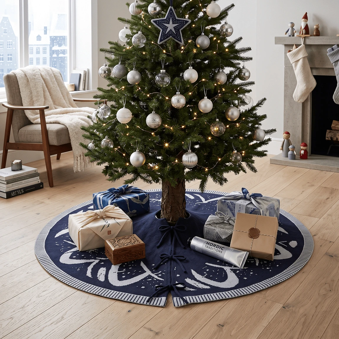 Christmas Tree Skirt,36in/48in Knitted Reindeer & Snowflake Pattern, Round Christmas Tree Base Cover, Holiday Home Party Decor