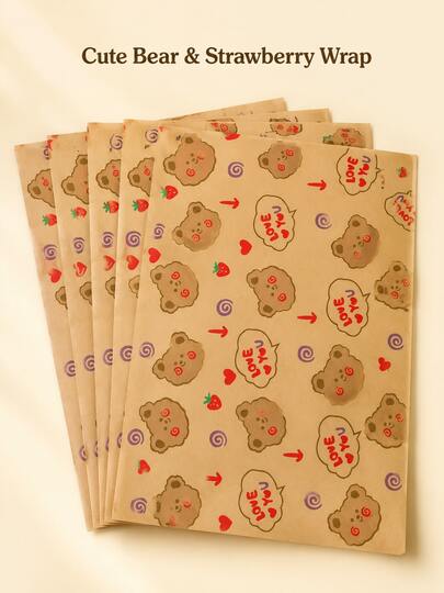 100 Blatt Bär-Erdbeer-Muster Lebensmittelverpackungspapier, süßes wiederverwendbares fettbeständiges Sandwich-Burger-Verpackungspapier, ölbeständiges Backpapier, geeignet für Bäckerei, Picknick, Party, Dessert und Küchen-Lebensmittelverpackung