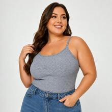 Basic Ribbed Spaghetti Strap Tank Top Plus Size - Grey - View 1