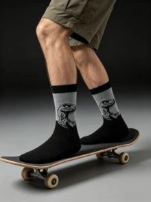 1/2 Pairs Men's Personalized Velociraptor Print Mid-Calf Socks, Fun Dinosaur Pattern Casual Socks, Creative Daily Wear Gift Socks, Cosplay Halloween Costume - Multicolor - View 2