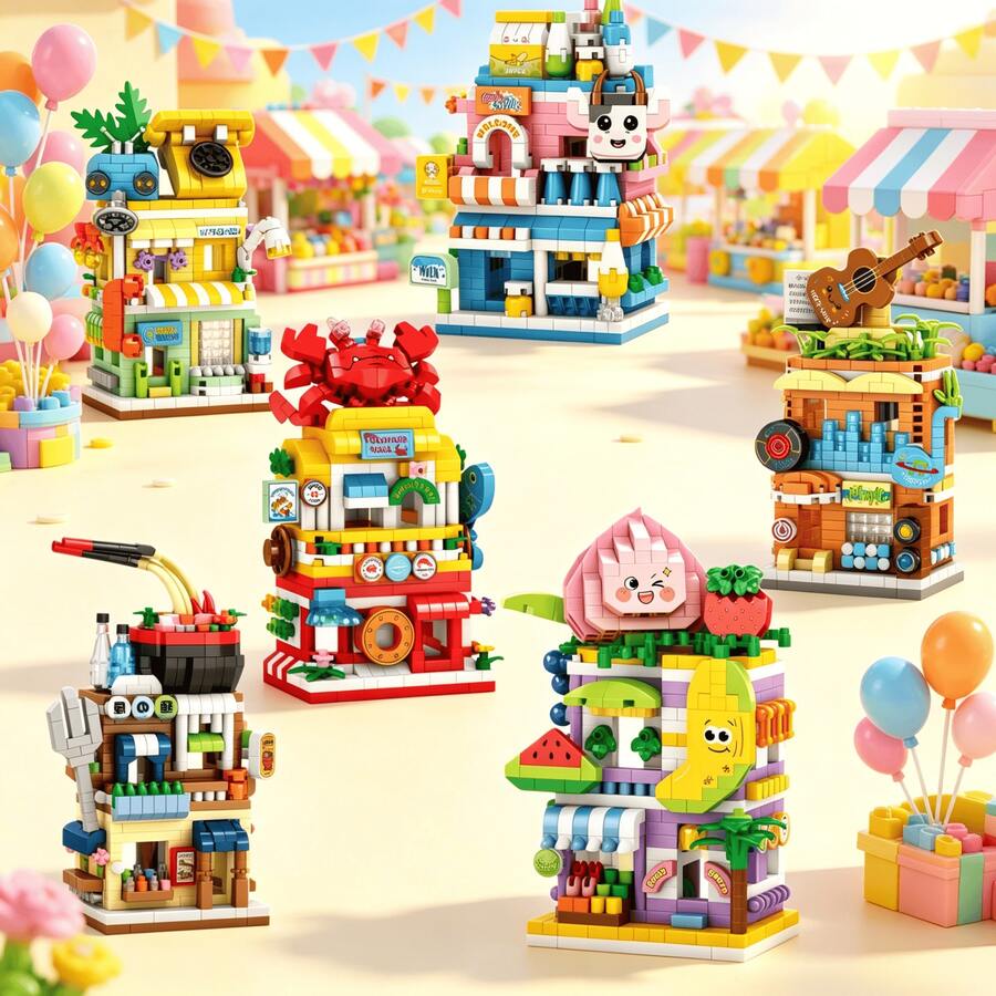 Creative Colorful Street Scene Small Particle Building Blocks Set, Cute Cartoon Commercial Street Shop Design, Rich Colors, Smooth Particles Without Burrs. Can Be Freely Assembled And Built, Exercising Children's Hands-On Ability And Spatial Thinking, Fun Educational Stress Relief. Home Decor, Parent-Child Interactive Toy, Ideal Gift For Birthdays And Holidays. - Multicolor - View 1