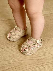 1 Pair Handmade Crochet Infant Shoes, Beige With Floral Embroidery, Mary Jane Style, Button Strap - Khaki - View 3