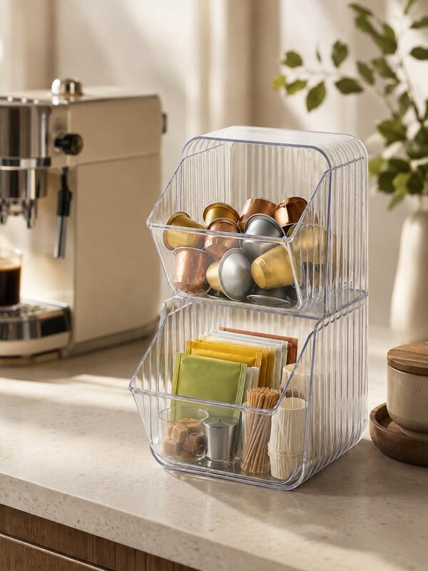 1 pièce Organisateur de capsules de café transparent à 2 niveaux, bac de rangement de bureau en plastique transparent empilable avec conception ouverte à l'avant, organisateur de capsules de café et de sachets de thé pour comptoir de cuisine, bar à café, organisation de la maison en automne
